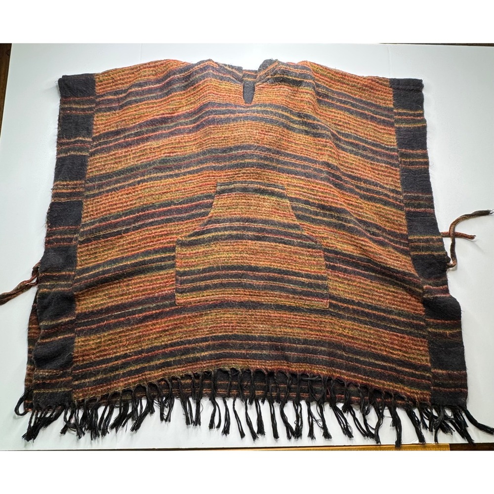 Gypsy Rose Nepal Handmade Hooded Poncho Earth Tone Striped Fringe Boho One Size